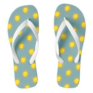 Whimsical Happy Face Sun Aqua Blue Green Thongs