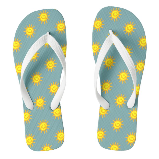 Whimsical Happy Face Sun Aqua Blue Green Thongs (Footbed)