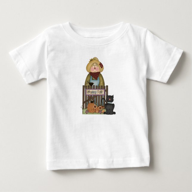Whimsical Happy Fall Scarecrow With Black Cat Baby T-Shirt (Front)