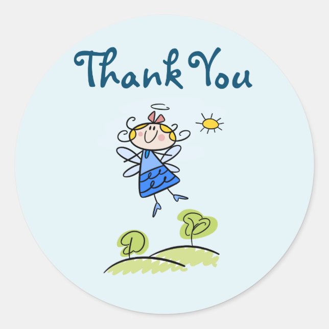 Whimsical Happy Flying Angel Fairy Thank You Classic Round Sticker (Front)