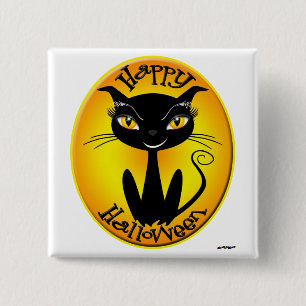 Whimsical Happy Halloween Cat 15 Cm Square Badge