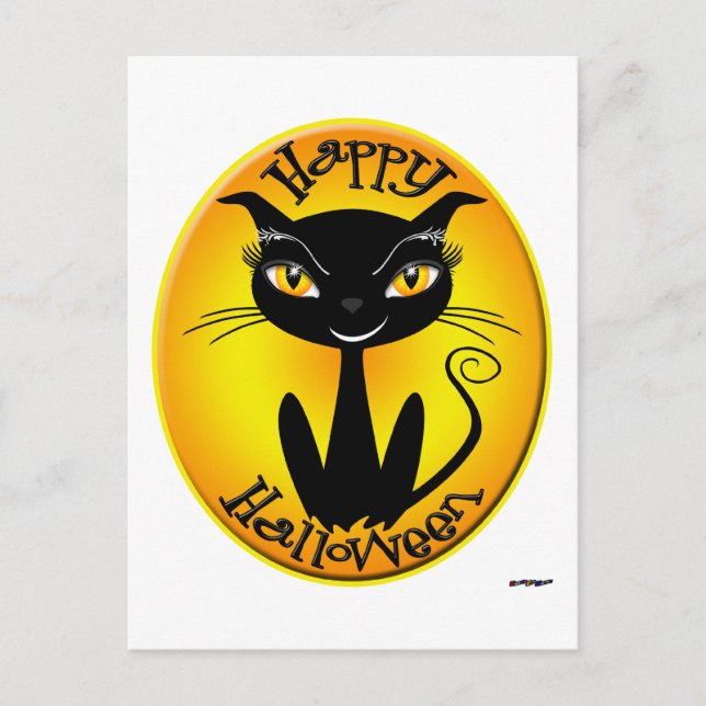 Whimsical Happy Halloween Cat Postcard (Front)