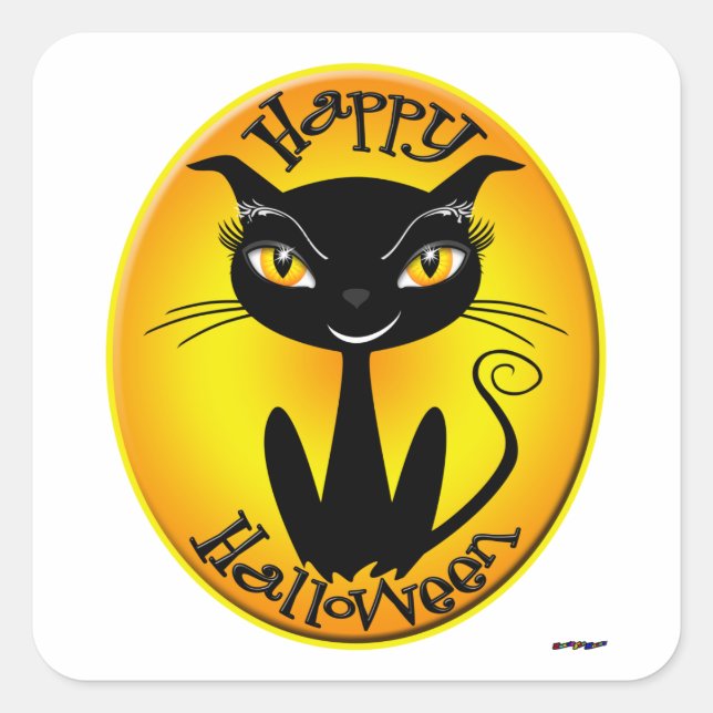 Whimsical Happy Halloween Cat Square Sticker (Front)
