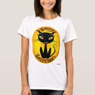 Whimsical Happy Halloween Cat with stars T-Shirt
