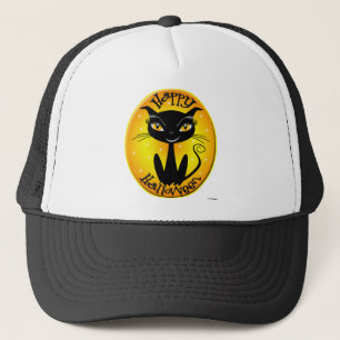 Whimsical Happy Halloween Cat with stars Trucker Hat