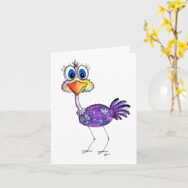 Whimsical Happy Purple Ostrich Card (Yellow Flower)