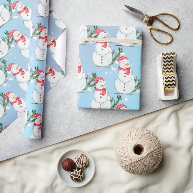 Whimsical Happy Snowmen in Snow Flurries Wrapping Paper (Crafts)