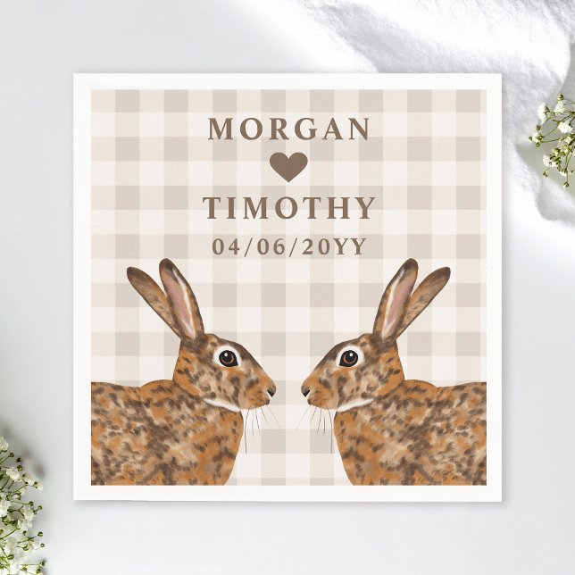 Whimsical Hare Heads With Names And Date Wedding Napkin (Creator Uploaded)