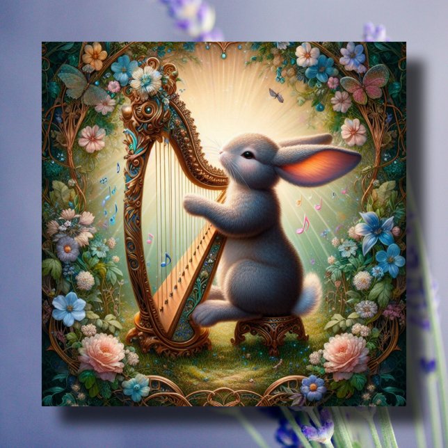 Whimsical Harp Bunny Art Nouveau Easter Card (Creator Uploaded)