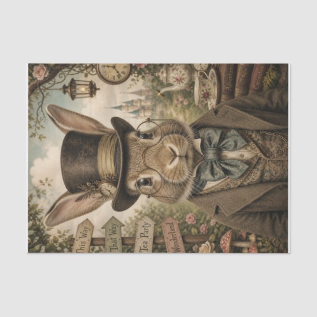 Whimsical Hatter Hare Tissue Decoupage Paper (Front)