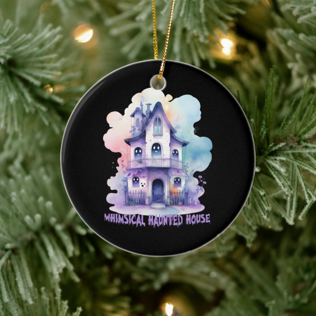 Whimsical Haunted House – Pastel Purple Halloween Ceramic Ornament (Tree)