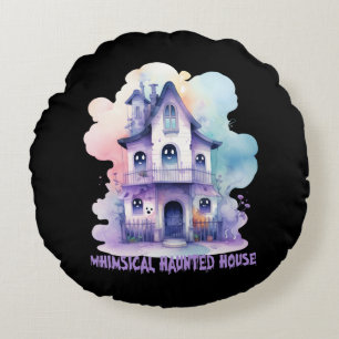 Whimsical Haunted House – Pastel Purple Halloween Round Cushion