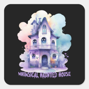 Whimsical Haunted House – Pastel Purple Halloween Square Sticker
