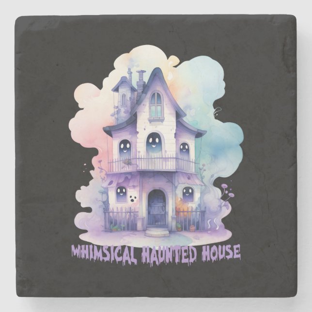 Whimsical Haunted House – Pastel Purple Halloween Stone Coaster (Front)