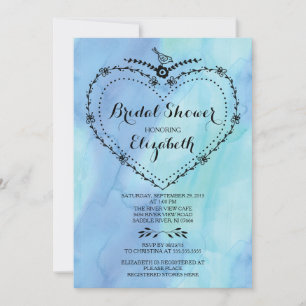 Whimsical Heart Blue Watercolor Bridal Shower Invitation