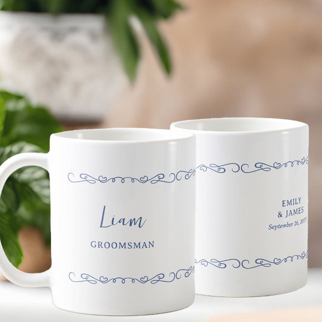 Whimsical Heart Doodle French Blue Wedding Party Coffee Mug (Groomsman gift mug - customize to any color or for anyone in your wedding party)