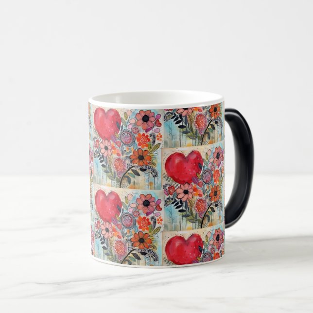 Whimsical Heart & Flower Doodle Art  Magic Mug (Front Right)