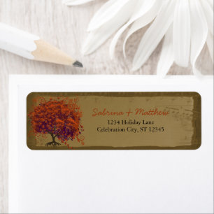 Whimsical Heart Leafed Tree Orange & Plum on Gold Return Address Label