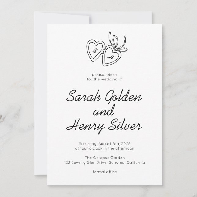 Whimsical Heart Locket Doodle Sketch Modern CUSTOM Invitation (Front)