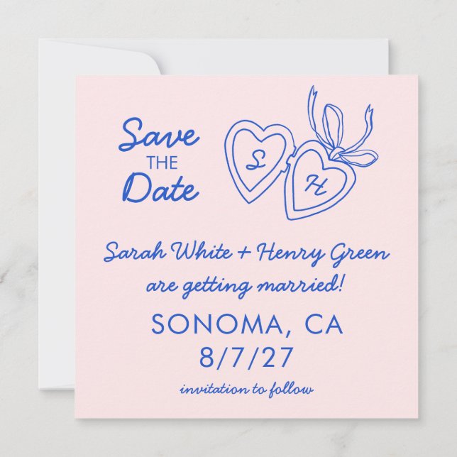 Whimsical Heart Locket Doodle Sketch Modern CUSTOM Save The Date (Back)