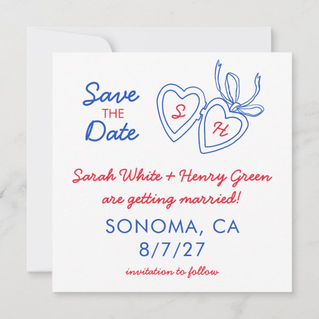 Whimsical Heart Locket Doodle Sketch Modern CUSTOM Save The Date (Back)
