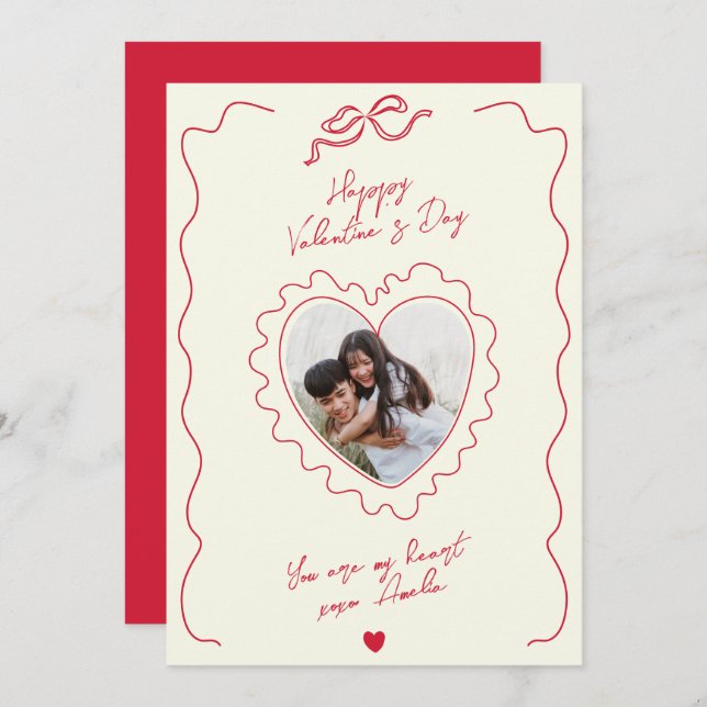 Whimsical Heart Photo Bow Frame Love Valentines Holiday Card (Front/Back)