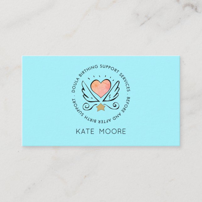 Whimsical Heart Wings Doula Or Midwife Birth Coach Business Card (Front)