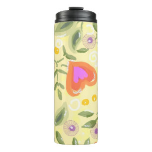 Whimsical hearts and berries yellow, pink thermal tumbler