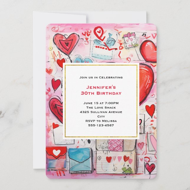 Whimsical Hearts and Love Letters Pattern Birthday Invitation (Front)