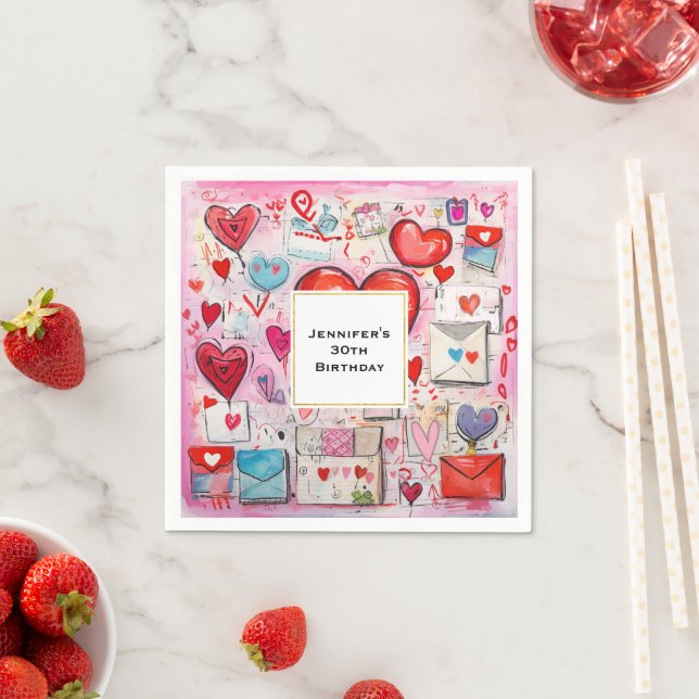 Whimsical Hearts and Love Letters Pattern Birthday Napkin (Insitu)