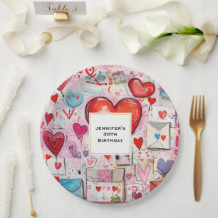 Whimsical Hearts and Love Letters Pattern Birthday Paper Plate