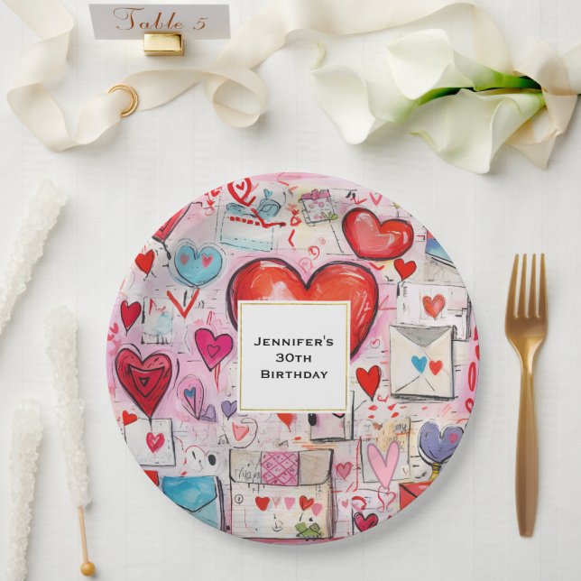 Whimsical Hearts and Love Letters Pattern Birthday Paper Plate (Wedding)