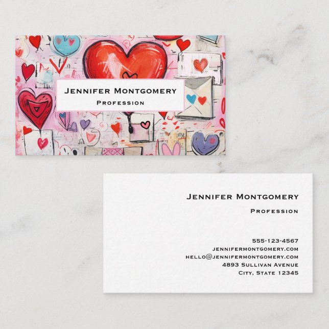 Whimsical Hearts and Love Letters Pattern Business Card (Front/Back)