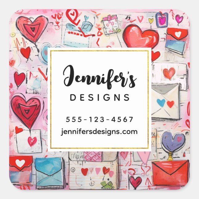 Whimsical Hearts and Love Letters Pattern Business Square Sticker (Front)