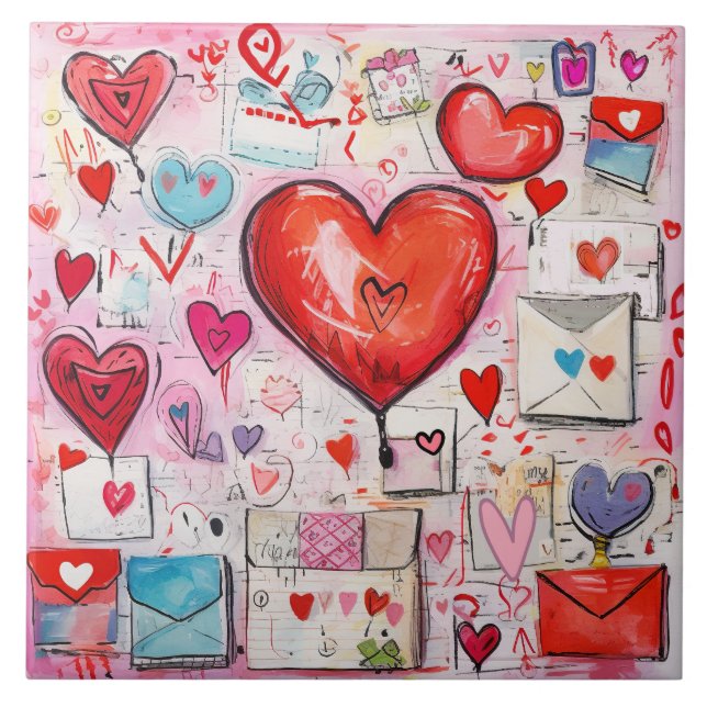 Whimsical Hearts and Love Letters Pattern Ceramic Tile (Front)