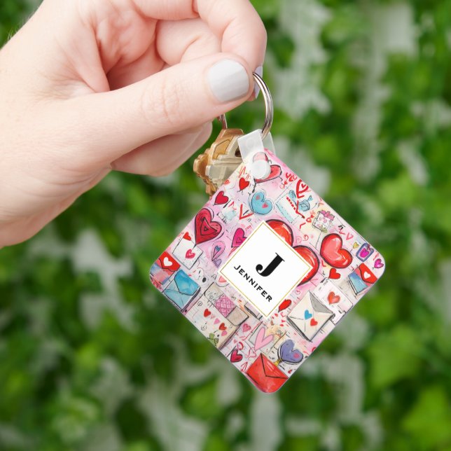 Whimsical Hearts and Love Letters Pattern Key Ring (Hand)
