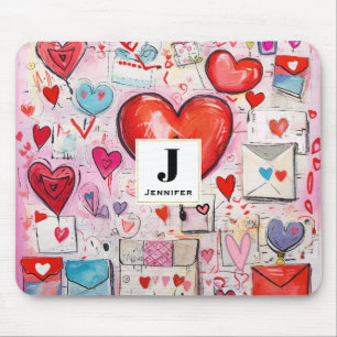Whimsical Hearts and Love Letters Pattern Monogram Mouse Pad