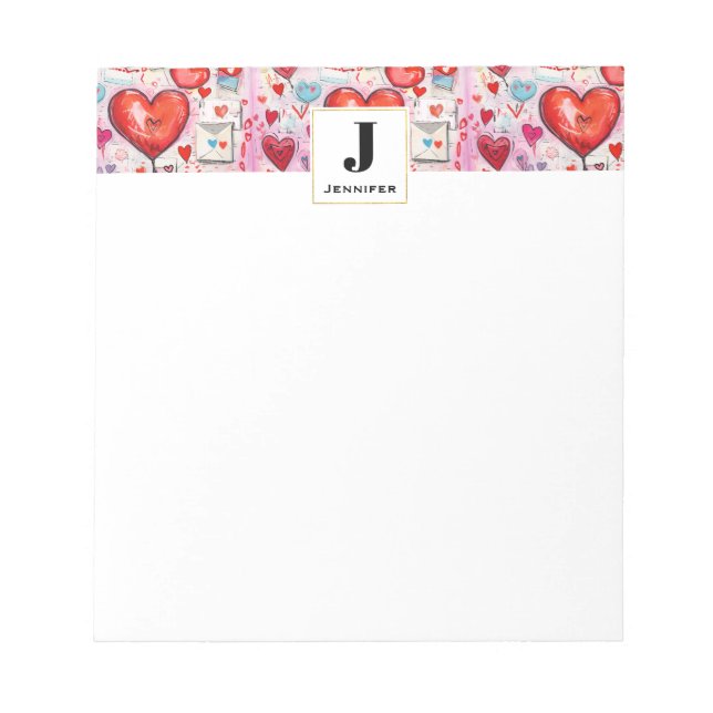 Whimsical Hearts and Love Letters Pattern Monogram Notepad (Front)