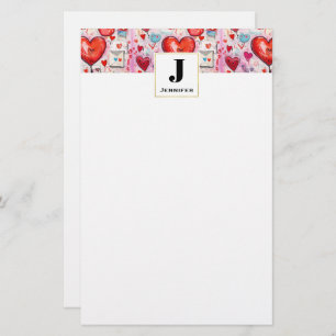 Whimsical Hearts and Love Letters Pattern Monogram Stationery