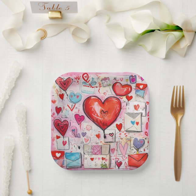 Whimsical Hearts and Love Letters Pattern Paper Plate (Wedding)