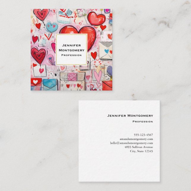 Whimsical Hearts and Love Letters Pattern Square Business Card (Front/Back)