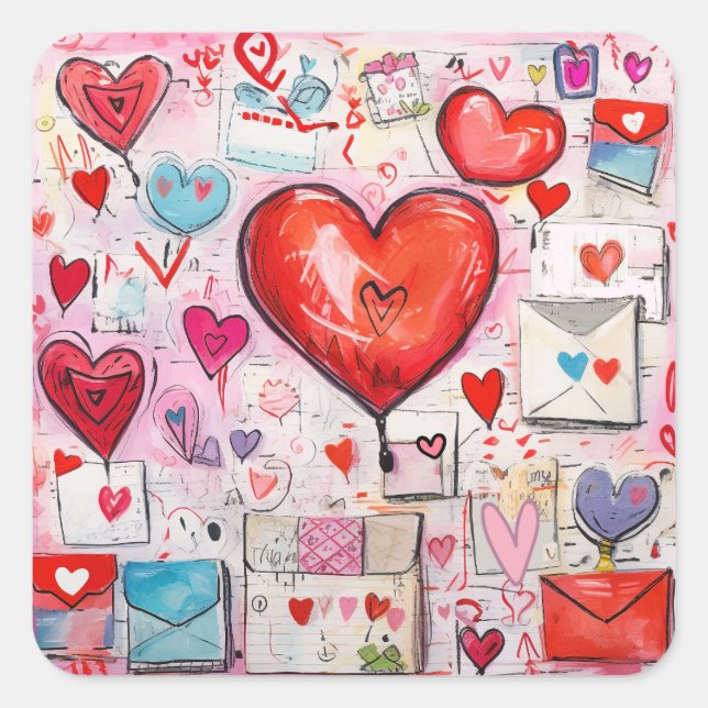 Whimsical Hearts and Love Letters Pattern Square Sticker (Front)