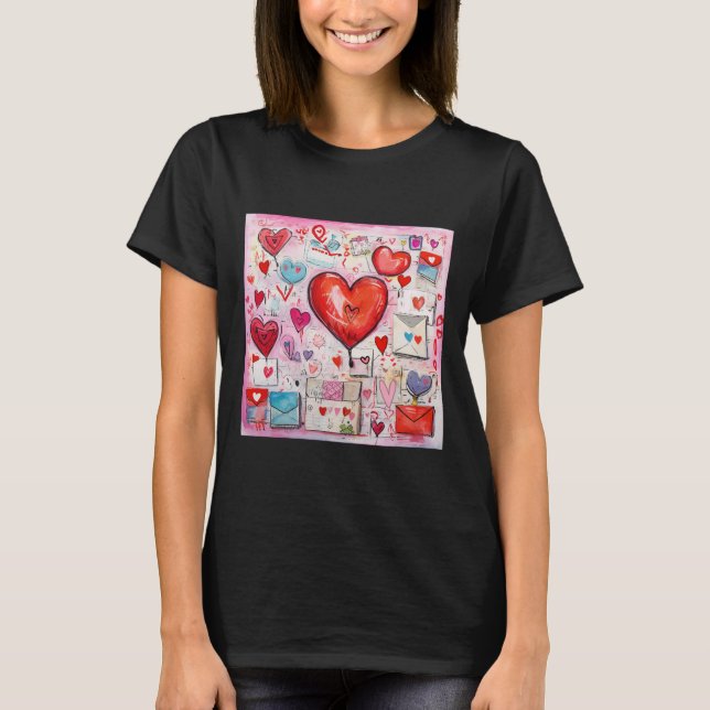 Whimsical Hearts and Love Letters Pattern T-Shirt (Front)