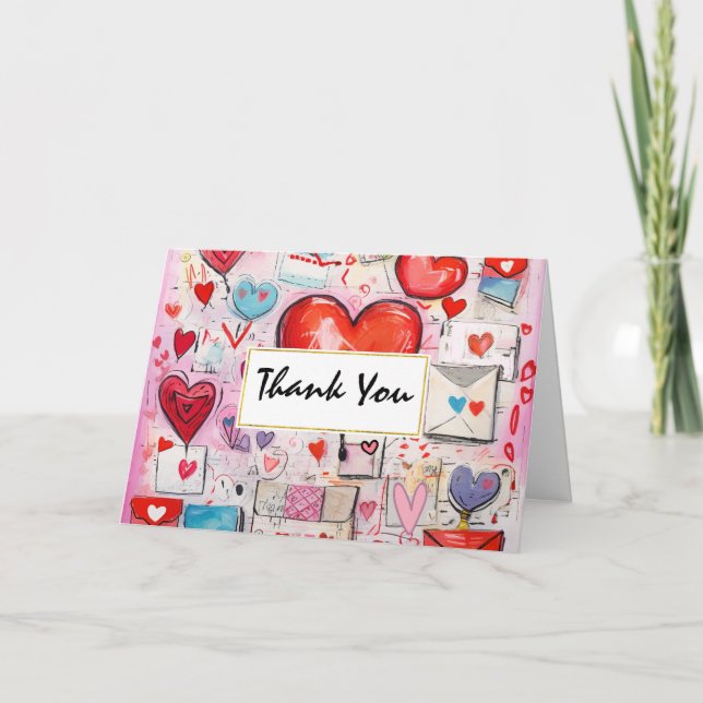 Whimsical Hearts and Love Letters Pattern Thank You Card (Front)