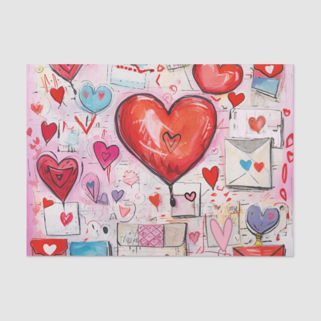 Whimsical Hearts and Love Letters Pattern Tissue Paper (Front)