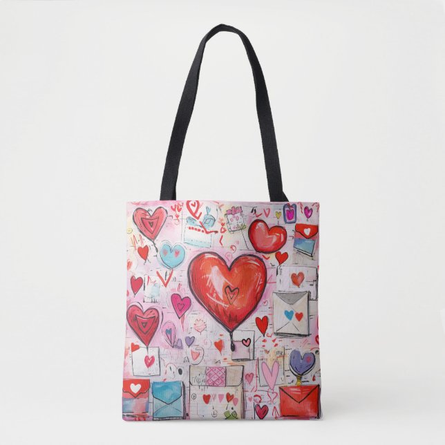 Whimsical Hearts and Love Letters Pattern Tote Bag (Front)