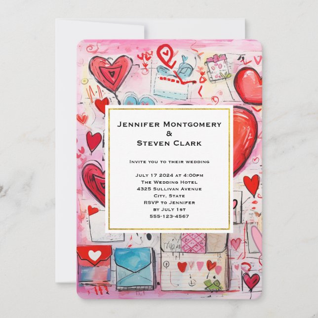 Whimsical Hearts and Love Letters Pattern Wedding Invitation (Front)