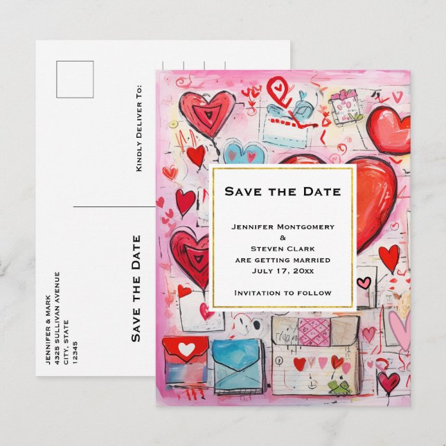 Whimsical Hearts and Love Letters Save the Date Invitation Postcard (Front/Back)