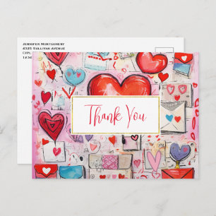 Whimsical Hearts and Love Letters Thank You Postcard