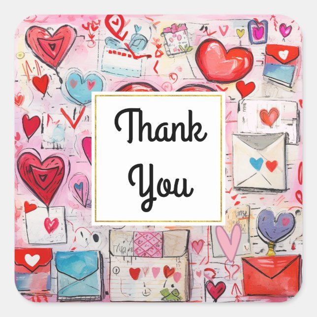 Whimsical Hearts and Love Letters Thank You Square Sticker (Front)